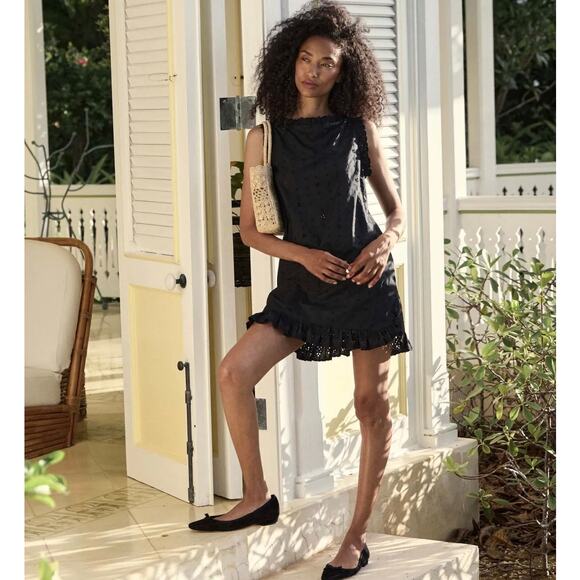 NWT DÔEN Kara Dress in Black Sz Large Eyelet Cotton Poplin Mini Shift Ruffle Hem - Picture 1 of 13